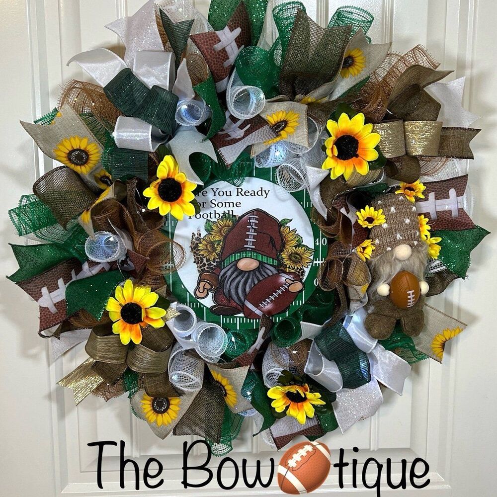 Handmade Football Gnome Ribbon Welcome Door Wreath Leaf 22 in LED Fall W4
